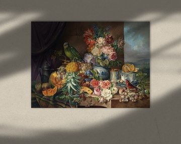 Stillleben mit Früchten, Blumen und Papagei, Josef Schuster
