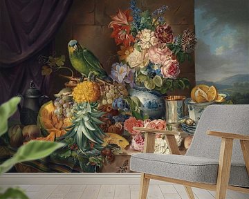 Still Life With Fruits Flowers And Parrot, Josef Schuster