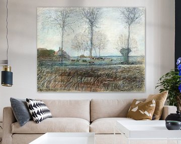 Boerderij, drie hoge bomen op de voorgrond, Piet Mondriaan