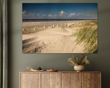 Chaises de plage sur la plage principale, île de Frise orientale Spiekeroog, Basse-Saxe, Allemagne,  sur Peter Schickert