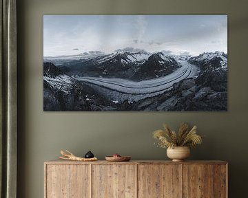 Panorama of the landscape at the Aletsch glacier in Switzerland between the mountains