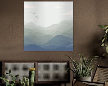 Berg uitzicht met vogels - Groen en blauw illustratie van Studio Hinte