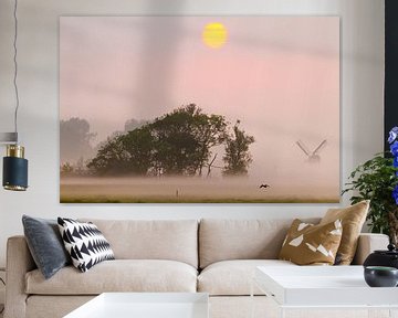 Polder landschap in de mist met opkomende zon van Menno van Duijn