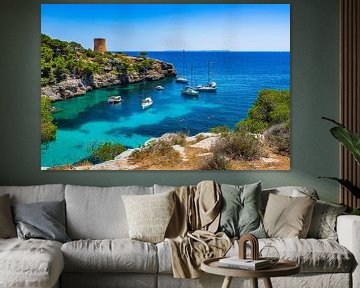 Spain Mallorca island, beautiful view of bay with boats and Torre de Cala Pi, Balearic Islands by Alex Winter