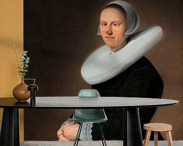 Stil zitten! Portret van Adriana Croes, Johannes  Cornelisz. Geschilderd door Verspronck met vlieg o van Maarten Knops