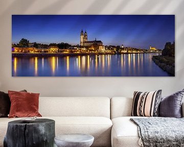 Magdeburg skyline panorama at blue hour