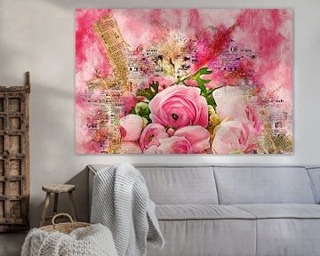 Roze pioenrozen (mixed media) van Art by Jeronimo