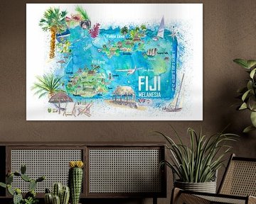 Fiji Geïllustreerde Polynesië Eiland Reis Kaart met Wegen en Highlights