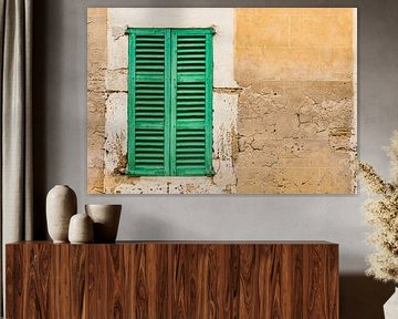 Old green wooden window shutters and grunge wall by Alex Winter