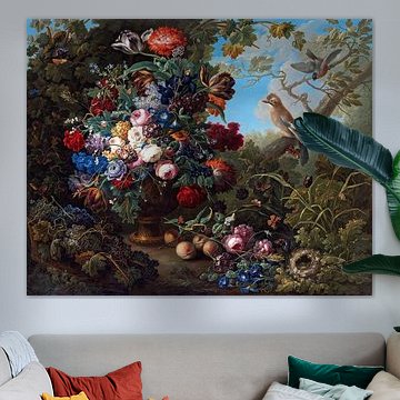 Großes Blumenstillleben mit Vögeln, Johann Baptist Drechsler