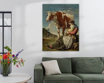 Een moeder en haar kind melken een koe in een landschap, Giacomo Ceruti