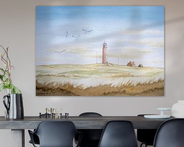Aquarelle d'un paysage de dunes ; Le phare rouge sur l'île de Texel