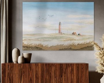 De rode vuurtoren op Texel. Duin landschap aquarel door Hans Sturris