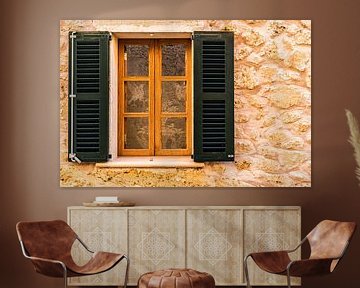 Detailopname van open houten vensterluiken en stenen muurachtergrond van Alex Winter
