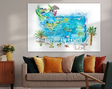Amerikaans Samoa Geïllustreerde Eiland Reis Kaart met Wegen en Highlights
