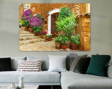 Beautiful flowers street in old village of Fornalutx on Mallorca island, Spain by Alex Winter