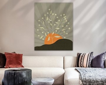 Minimalistisch landschap met een boom en een oranje zon van Tanja Udelhofen