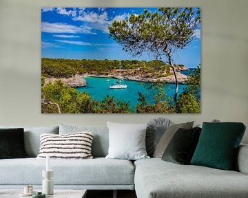 Beautiful seaside, beach bay with boats on Mallorca island, Spain Mediterranean Sea by Alex Winter