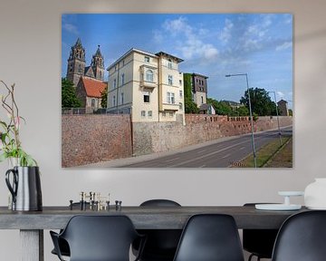 Maagdenburg - Uitzicht over de oever van de Schlein naar de Fürstenwall met vestingtoren, "