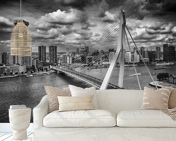 Rotterdam centrum vanaf grote hoogte  (liggend - zwart-wit / diep contrast) van Rick Van der Poorten