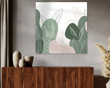 Modern tropisch patroon - illustratie bladeren groen roze van Studio Hinte