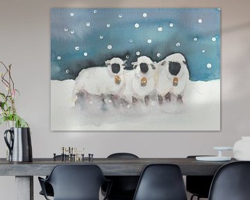 Originele aquarel van schapen in winter van Yvette Stevens