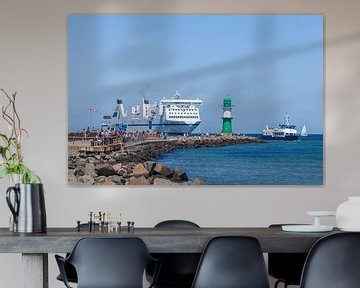 Beacon Westmole with ferry, Warnemünde, Rostock, Mecklenburg-Western Pomerania, Germany, Europe