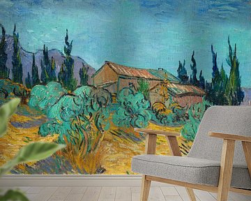 Houten huisjes tussen de olijfbomen en cypressen, Vincent van Gogh