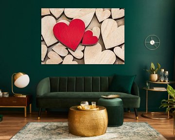 Romantic Valentines day background with wooden love hearts by Alex Winter