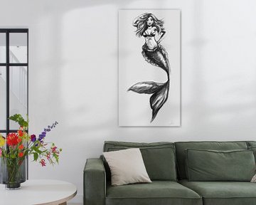 Poster illustratie zwart wit van een zeemeermin. Prachtig kunstwerk van een kleine zeemeermin in gri van Emiel de Lange
