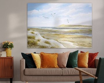 Zicht op natuurgebied De Slufter op Texel - duin landschap aquarel - Hans Sturris