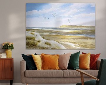 Duinlandschap aquarel met zicht op natuurgebied De Slufter op Texel van Galerie Ringoot