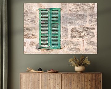 Detailopname van vintage groene houten vensterluiken en oude stenen muur van Alex Winter