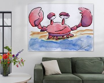 Cute watercolor illustration of a happy crab. Funny artwork for a children's room by Emiel de Lange