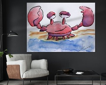 Niedliche Aquarellillustration einer fröhlichen Krabbe. Lustiges Kunstwerk für ein Kinderzimmer von Emiel de Lange