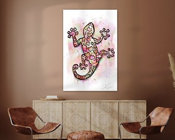 Gekleurde gekko, waterverf schilderij in tropische kleuren van Emiel de Lange