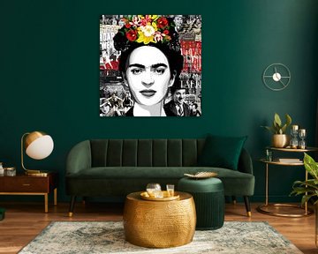 portret van Frida - op een achtergrond van foto’s uit de ‘Roaring twenties’ van Jole Art (Annejole Jacobs - de Jongh)