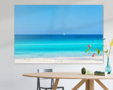 Summer sand beach background with sailing yacht at the horizon by Alex Winter