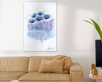 Beautiful watercolor painting, watercolor flowers in blue and lilac by Emiel de Lange