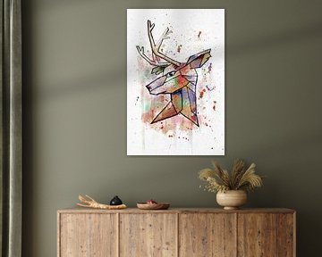 Tough watercolor painting, a deer head with beautiful colors by Emiel de Lange