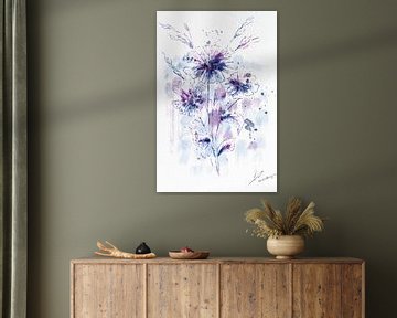 Classic watercolor painting of field flowers in purple lilac and blue by Emiel de Lange