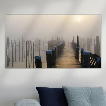 Goldener Morgennebel am einsamen Hafen