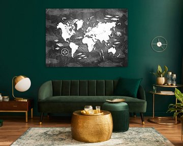 world map sea life white and black #map