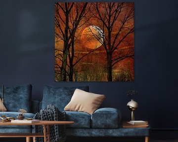 Mond zwischen den Bäumen 2 Fantasie mit Rot und Orange von Alie Ekkelenkamp