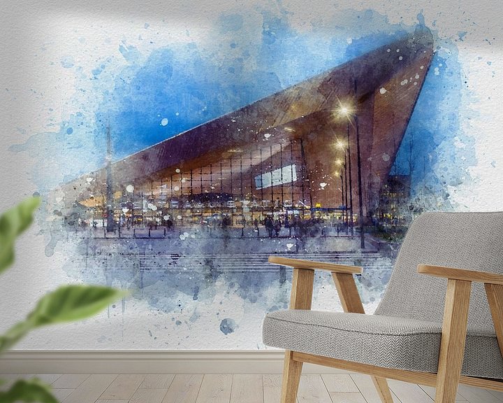 Sfeerimpressie behang: Aquarel van het Rotterdam Centraal Station van Ton de Koning