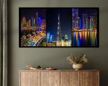 Dubai in de avond - Drieluik Burj Khalifa en Dubai Marina van Tux Photography