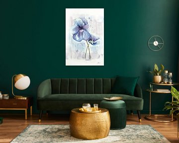 Fraaie wanddecoratie. Aquarel schilderij van een lila paars viooltje. Deze kleurige bloemen staan mo