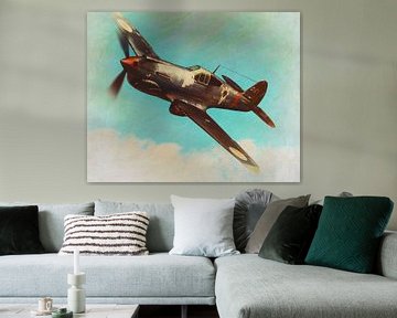 Retro stijl schilderij van een vliegende Curtis Wright P-40K uit 1940