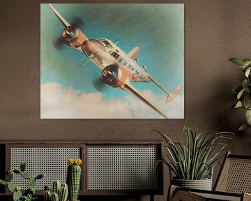 Retro stijl schilderij van een vliegende Beechcraft 18 SNB-5