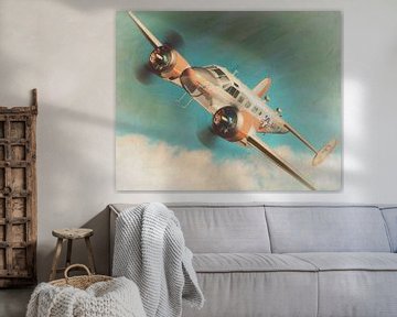Retro stijl schilderij van een vliegende Beechcraft 18 SNB-5 van Jan Keteleer